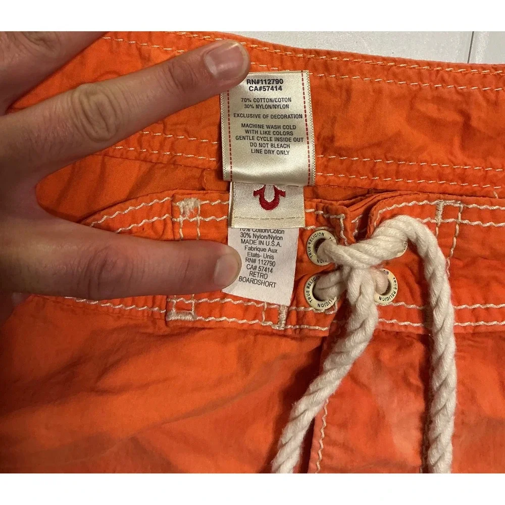 VTG USA Made True Religion Mens Orange Boardshorts Sz 44 Swim Trunks Color Block